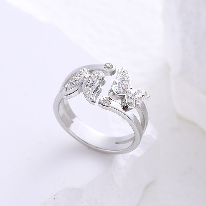 Casual Sweet Butterfly Stainless Steel Plating Inlay Zircon 24K Gold Plated Open Ring