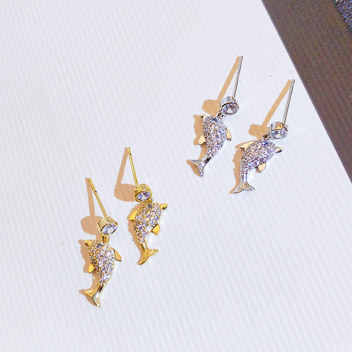 1 Pair IG Style Cute Dolphin Plating Inlay Copper Zircon Drop Earrings