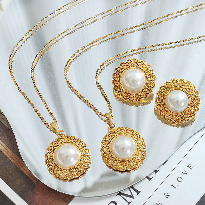 Simple Style Round Titanium Steel Gold Plated Pearl Earrings Necklace