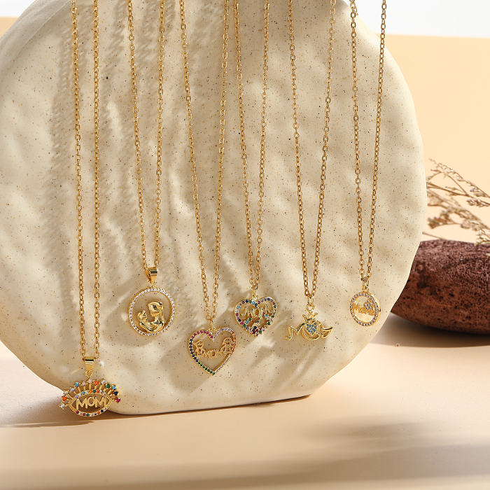 Elegante MAMA-Halskette mit Zirkon-Anhänger in Kupferform mit 14 Karat vergoldetem Buchstaben und Herzform, in großen Mengen