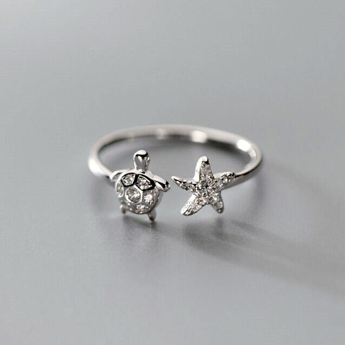 Cute Tortoise Star Copper Inlay Zircon Silver Plated Open Rings