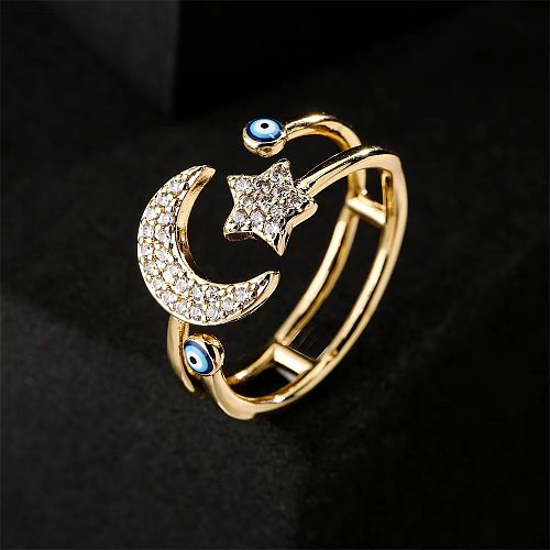 Retro Cool Style Devil'S Eye Star Moon Copper Plating Inlay Zircon Open Ring