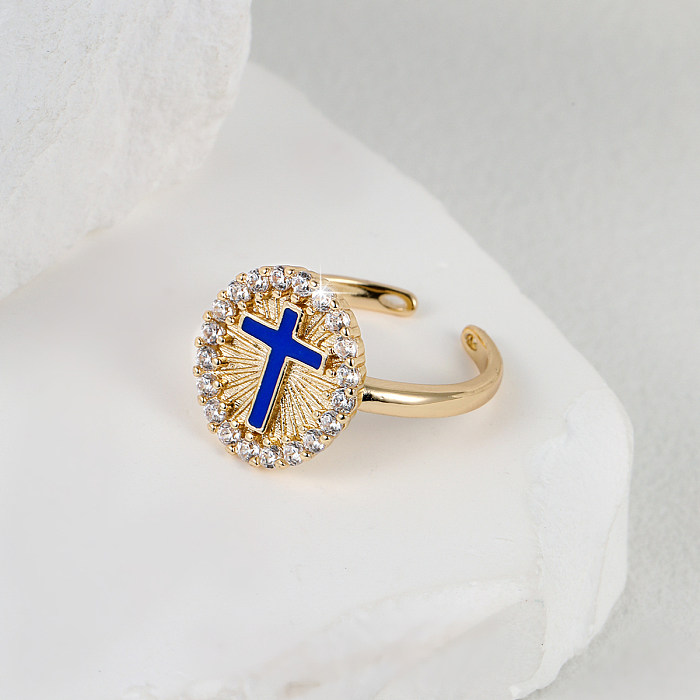 Fashion Cross Copper Gold Plated Zircon Open Ring 1 Piece