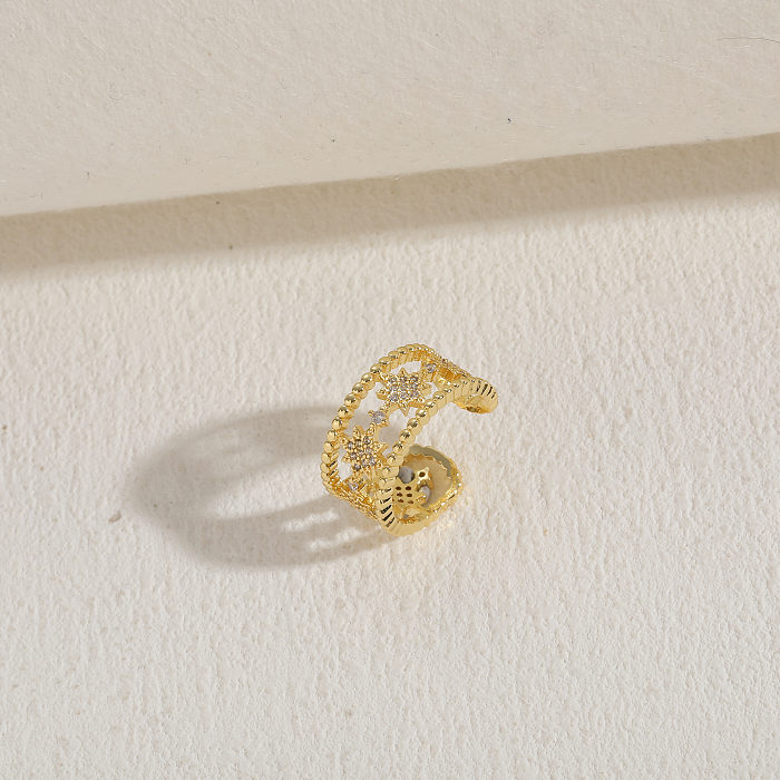 Offene Ringe im klassischen Stil mit Stern-Smiley-Gesicht, Kupfer, asymmetrischer Beschichtung, Zirkoneinlage, 14 Karat vergoldet