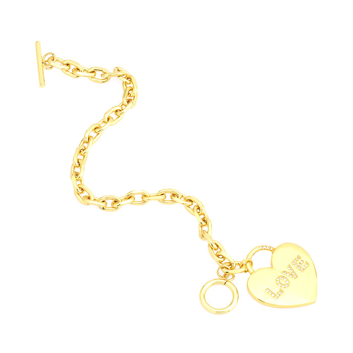Simple Style Letter Heart Shape Copper Toggle Plating Inlay Zircon 18K Gold Plated Bracelets