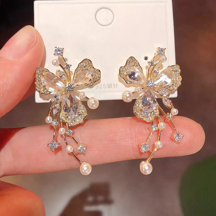 1 Paar Ohrringe mit Schmetterlings-Inlay aus Kupfer und künstlichem Diamant im Feen-Stil