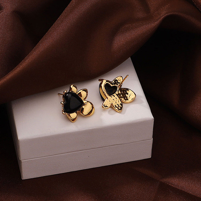 1 Pair Vintage Style Roman Style Heart Shape Plating Inlay Copper Natural Stone 18K Gold Plated Ear Studs