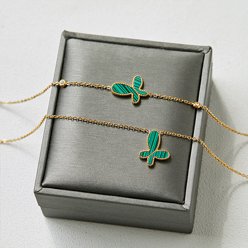 1 Stück schlichte Schmetterlings-Armband-Halskette mit Titan-Stahlbeschichtung und türkisfarbenem Perlmutterfalter-Armband