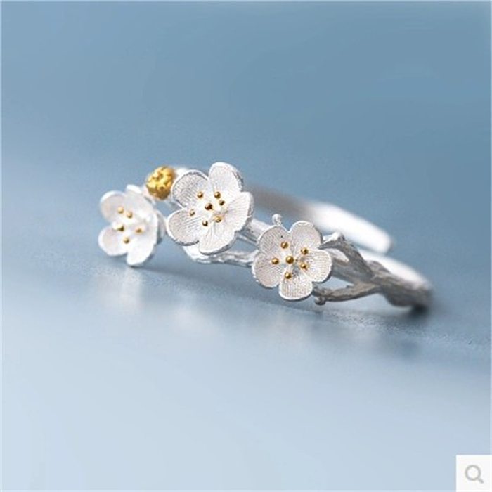 Anel coreano de flor de ameixa em prata esterlina S925