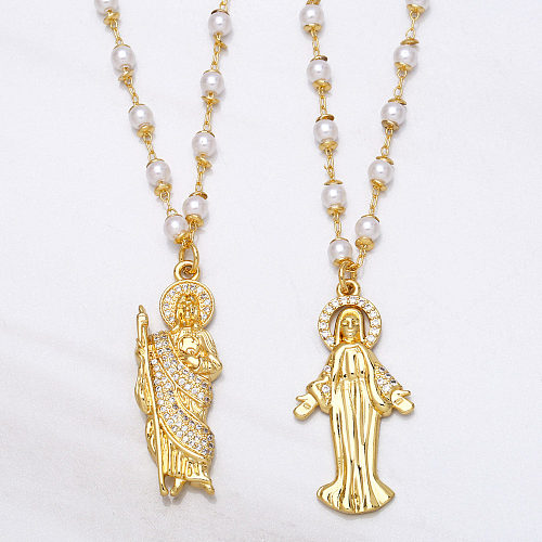 Vierge Marie Pendentif Perle Zircon Religieux Cuivre Collier Accessoires En Gros