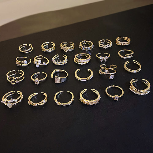 Modischer offener Ring mit geometrischem Kupfer-Inlay, künstlichen Perlen und Zirkon