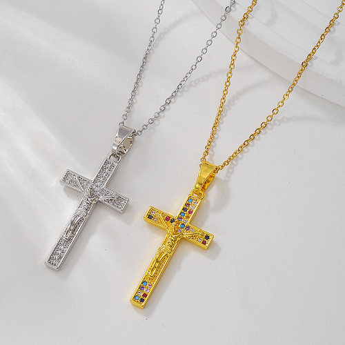 Streetwear Cross Copper Plating Inlay Zircon 18K Gold Plated Silver Plated Pendant Necklace