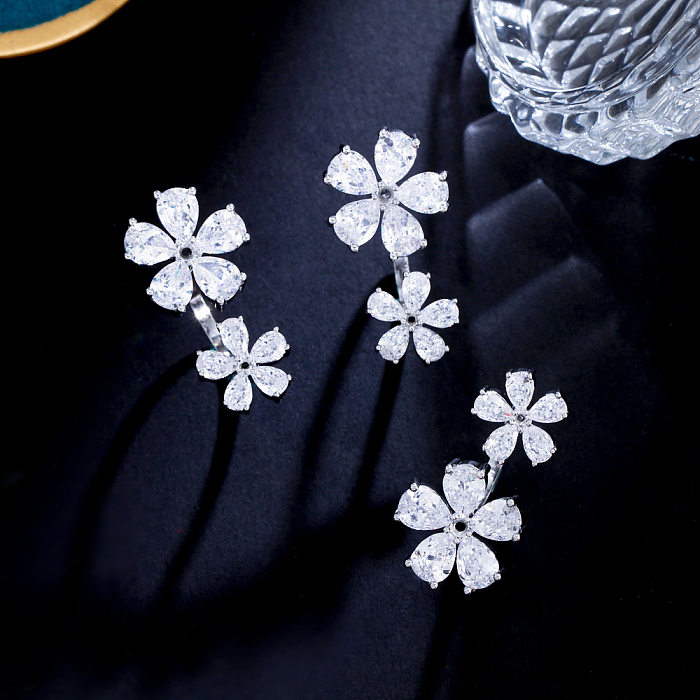 Elegant Flower Copper Plating Inlay Artificial Gemstones White Gold Plated Rhodium Plated Open Rings