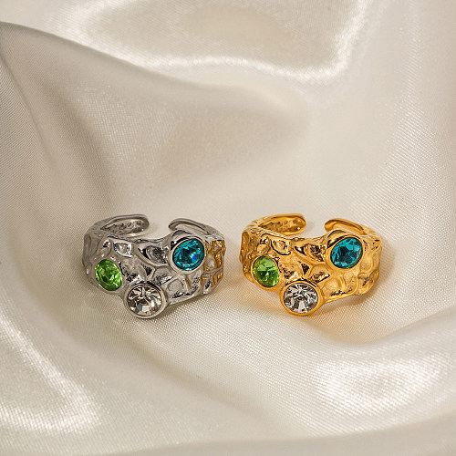 Lässiger, unregelmäßiger offener Ring im INS-Stil mit Inlay aus Zirkon und 18 Karat vergoldetem Edelstahl