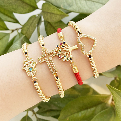 Pulseras de cobre con forma de corazón cruzado a la moda, pulseras de cobre con incrustaciones chapadas, 1 pieza