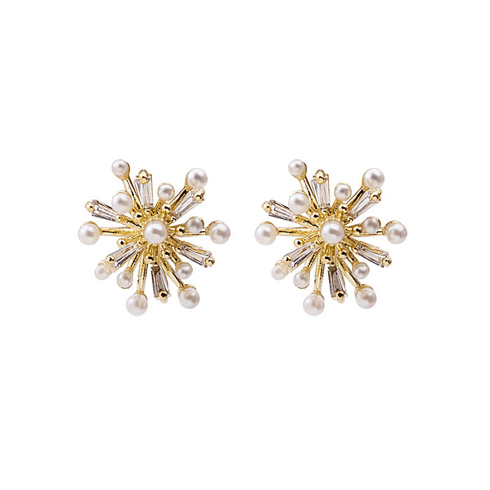 1 par de pendientes elegantes de circonita con perlas artificiales de cobre con incrustaciones geométricas para mujer