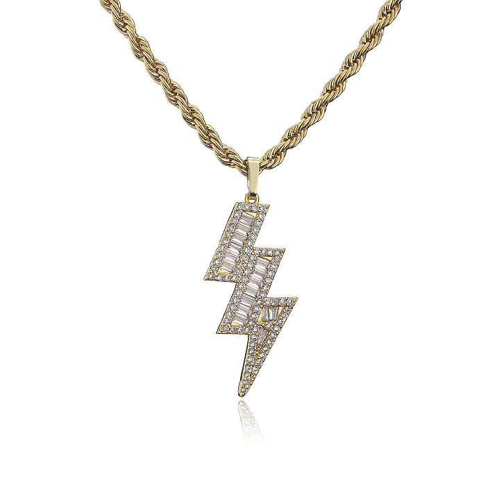 Micro incrustado diamante completo zircão relâmpago pendente torção colar de aço inoxidável atacado