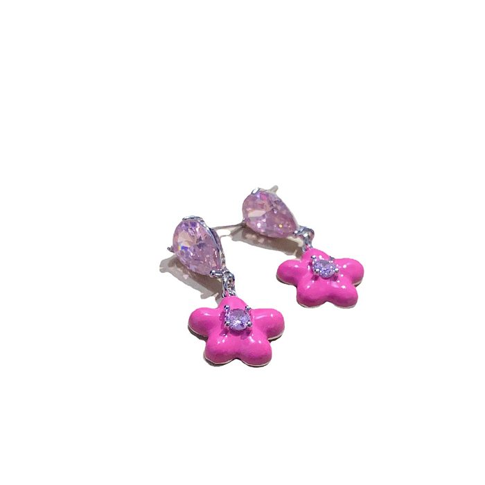 1 Pair Sweet Flower Copper Enamel Inlay Zircon Drop Earrings