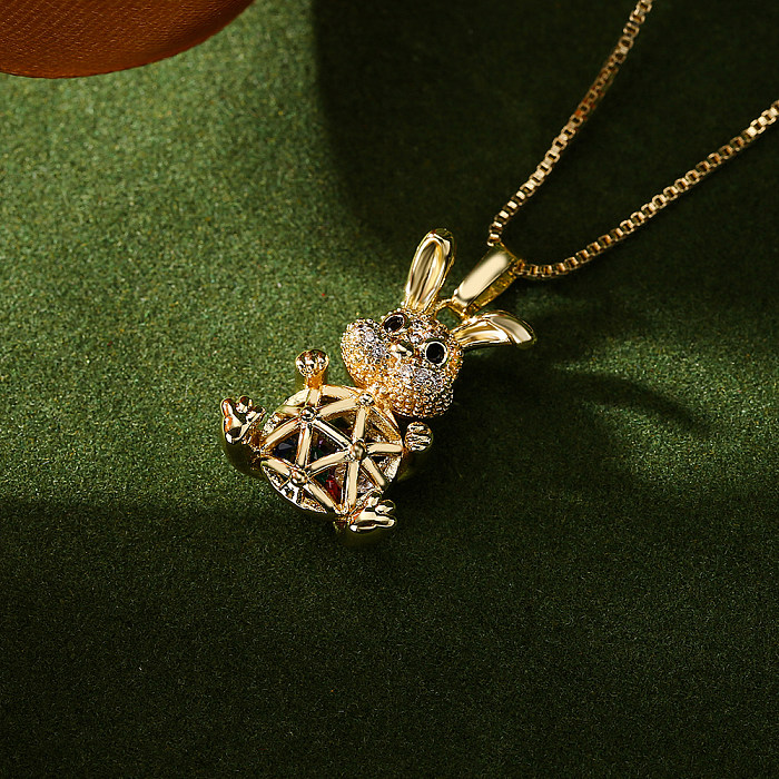 1 Piece Artistic Rabbit Hippocampus Bear Copper Inlay Zircon Pendant Necklace