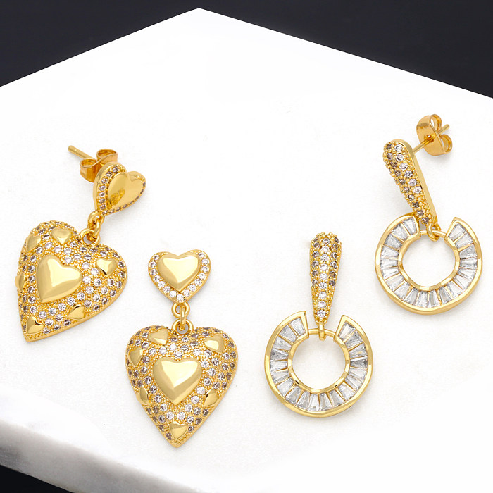 1 Pair Basic Streetwear Circle Heart Shape Plating Inlay Copper Zircon 18K Gold Plated Drop Earrings