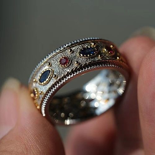 Anéis de pedras preciosas artificiais do embutimento geométrico retro básico do chapeamento de cobre