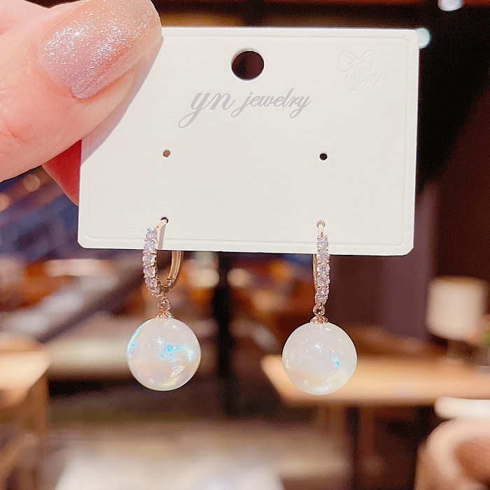 Simple Style Round Copper Plating Inlay Pearl Drop Earrings 1 Pair