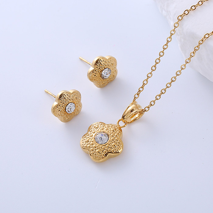 Style Simple forme de coeur fleur en acier inoxydable placage Zircon plaqué or 18K boucles d'oreilles collier ensemble de bijoux