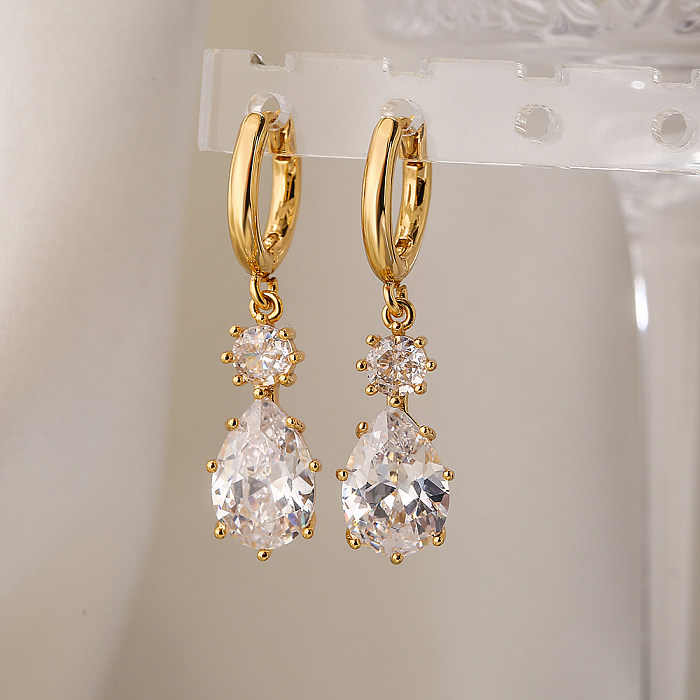 1 Pair Elegant Water Droplets Plating Inlay Copper Zircon 18K Gold Plated Drop Earrings