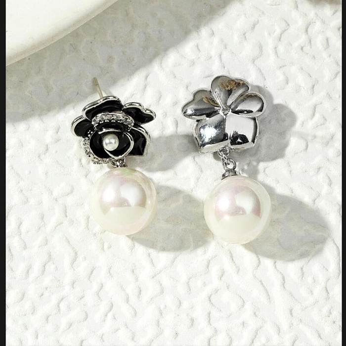 1 Pair Glam Lady Flower Enamel Plating Inlay Copper Artificial Pearls Zircon Drop Earrings