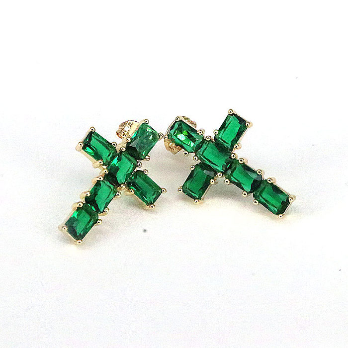 1 Pair Retro Cross Copper Plating Inlay Diamond Gold Plated Drop Earrings