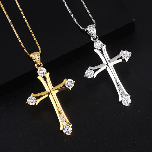 Simple Style Cross Copper Plating Inlay Zircon White Gold Plated Gold Plated Pendant Necklace