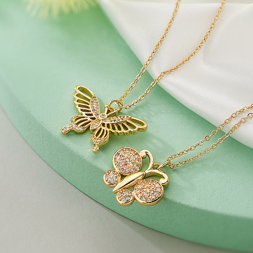 Retro Commute Butterfly Copper Plating Inlay Zircon 18K Gold Plated Pendant Necklace