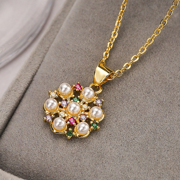 Moderne, künstlerische Teufelsaugen-Blumen-Kupfer-Halskette mit 18 Karat vergoldeten künstlichen Perlen und Zirkon-Anhänger in großen Mengen