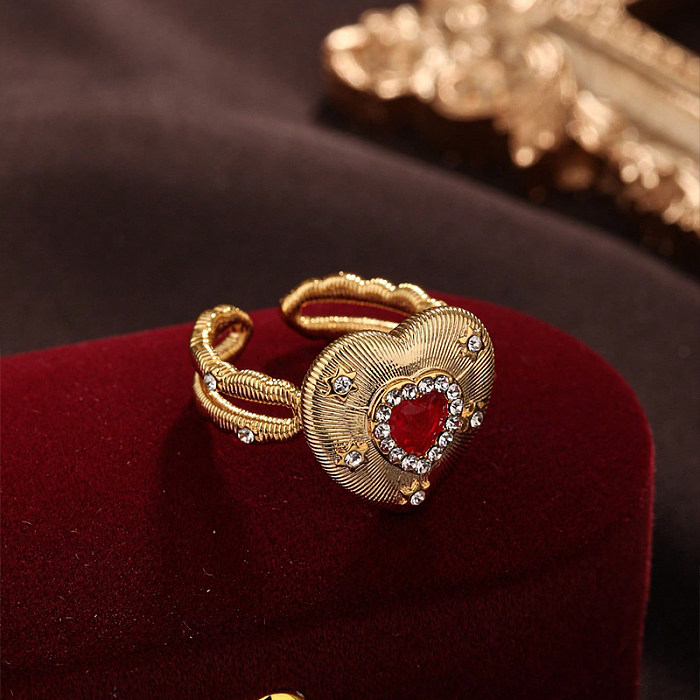 Anéis abertos doces do zircão do embutimento do cobre da forma do coração do estilo simples