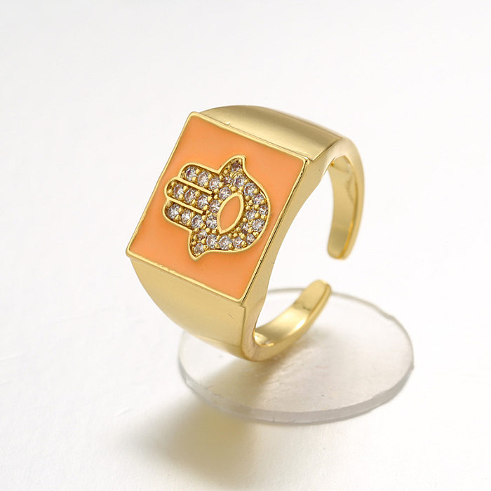 Moda palma cor gotejamento óleo quadrado cobre incrustado anel de zircão jóias por atacado
