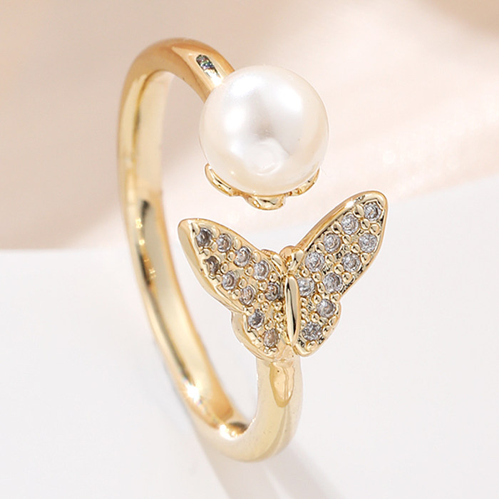 Elegant Lady Butterfly Copper Inlay Artificial Pearls Zircon Open Rings