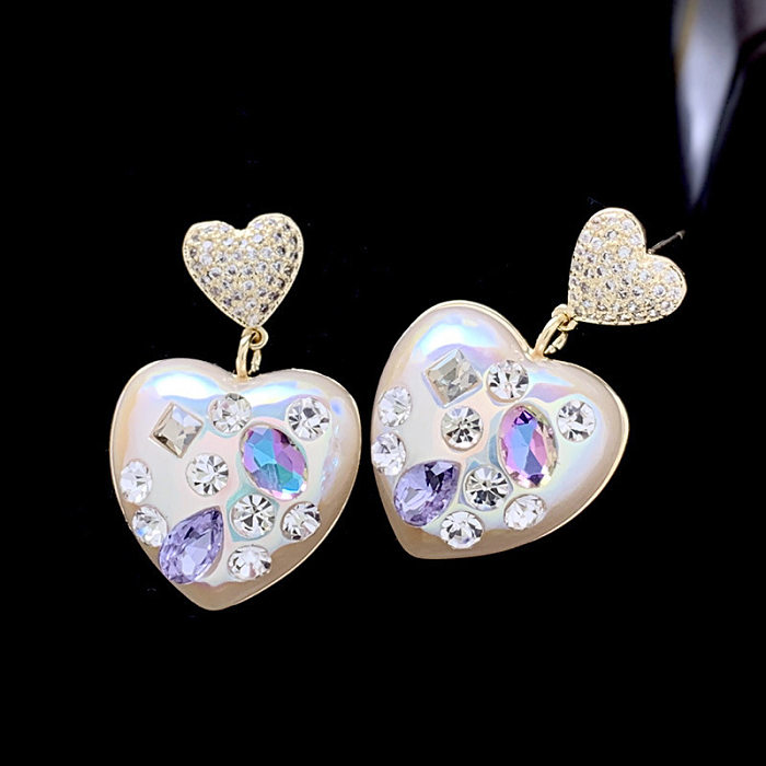 1 Pair Lady Heart Shape Inlay Imitation Pearl Copper Rhinestones Zircon Drop Earrings