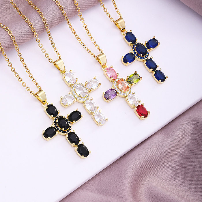 Fashion Cross Copper Plating Zircon Pendant Necklace