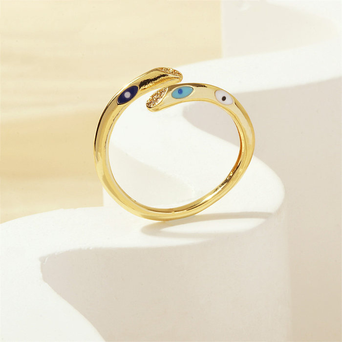 Streetwear Devil'S Eye Copper Enamel Inlay Zircon 18K Gold Plated Open Rings