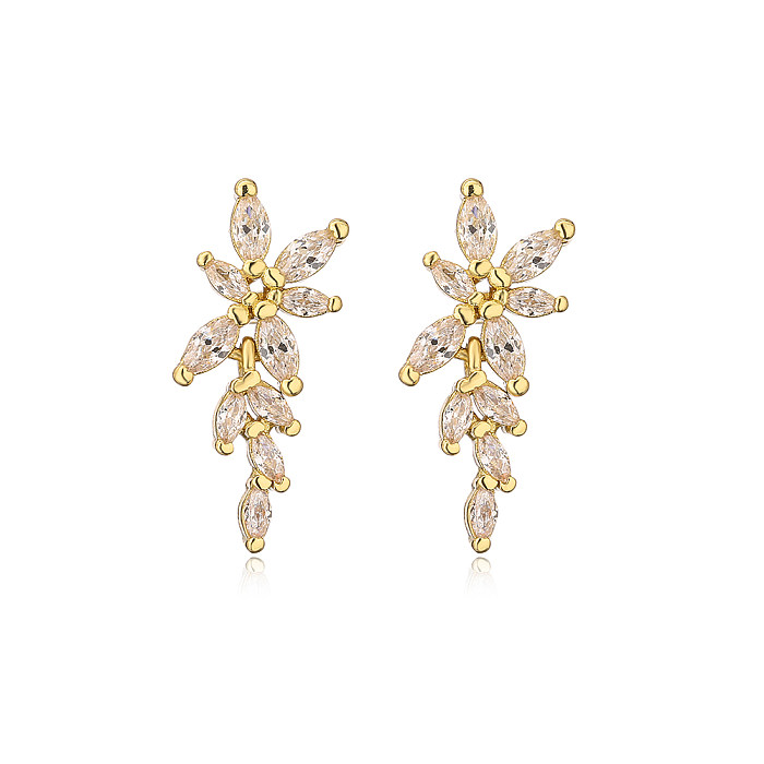 Fashion Leaf Copper Inlay Zircon Drop Earrings 1 Pair