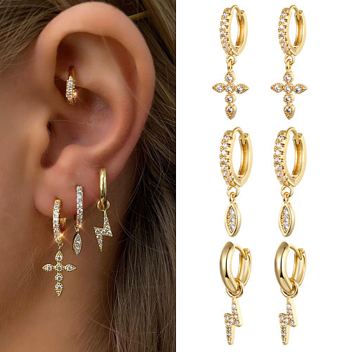 Boucles d'oreilles pendantes en cuivre plaqué or, croix ovale rétro, incrustation de Zircon, 1 paire