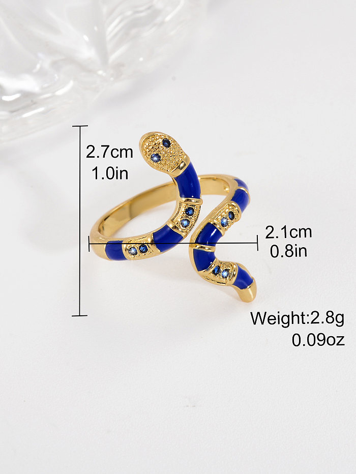 Anillo abierto de diamantes de imitación con incrustaciones de esmalte de cobre de serpiente de estilo simple informal estilo IG