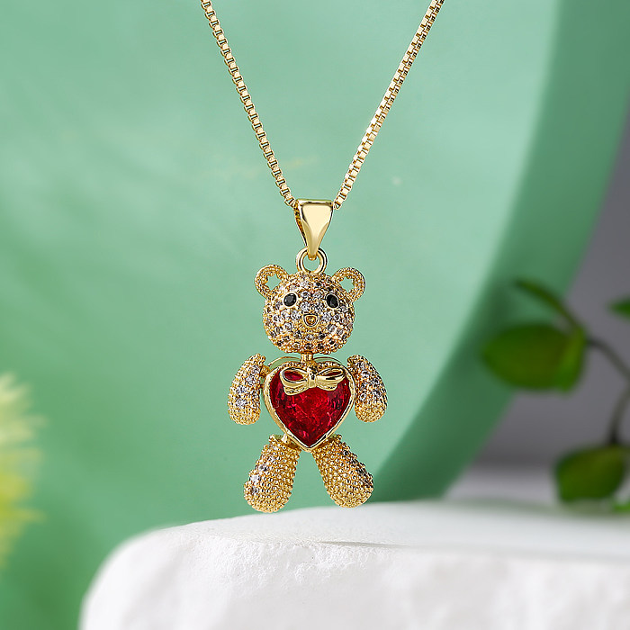 Simple Style Commute Little Bear Copper Plating Inlay Zircon 18K Gold Plated Pendant Necklace
