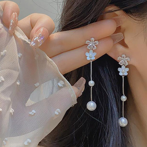 Boucles d'oreilles pendantes, 1 paire, Style Simple et doux, incrustation de fleurs en cuivre, perles artificielles, Zircon plaqué argent