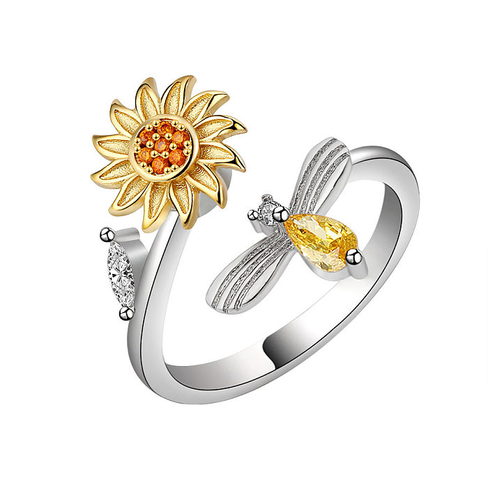 5 piezas de anillos de cobre de abeja pequeña con flores de zirconia giratorias ajustables