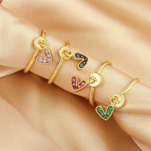 Simple Style Heart Shape Copper Plating Inlay Zircon 18K Gold Plated Open Rings