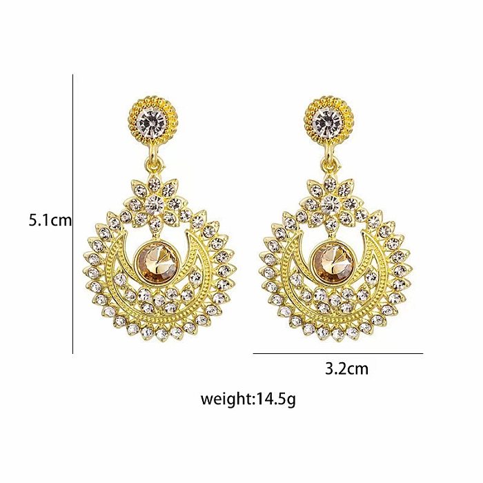 1 Pair Ethnic Style Flower Inlay Copper Rhinestones Drop Earrings