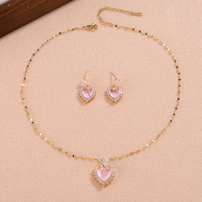 IG Style doux coeur forme cuivre placage incrustation Zircon plaqué or boucles d'oreilles collier ensemble de bijoux