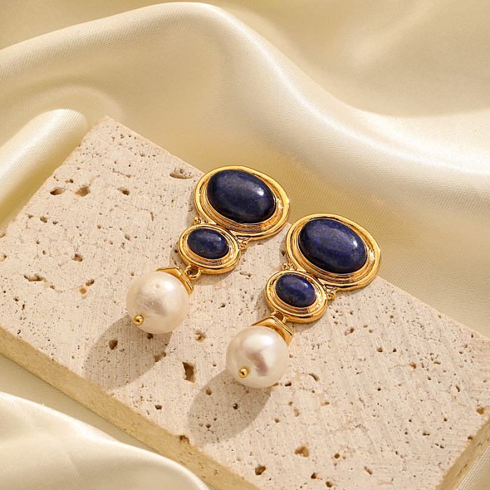 1 Pair Classic Style British Style Oval Pearl Plating Inlay Copper Lapis Lazuli Gem 18K Gold Plated Drop Earrings