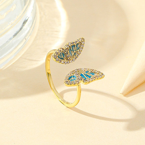 Anéis abertos banhados a ouro do zircão do embutimento do chapeamento de cobre da borboleta do estilo simples